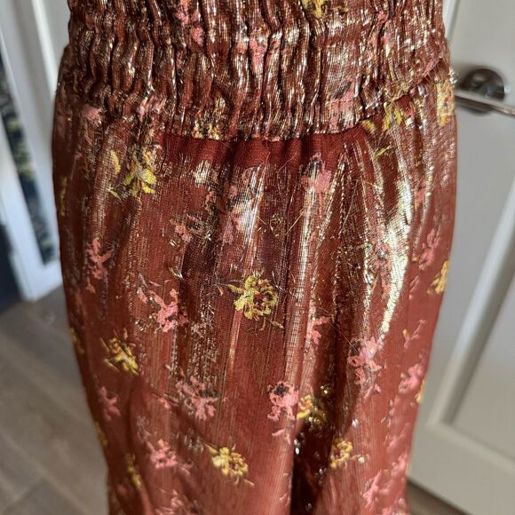 Paige Bronze Metallic Silk Peasant Style Floral Mini Dress M - Picture 4 of 10